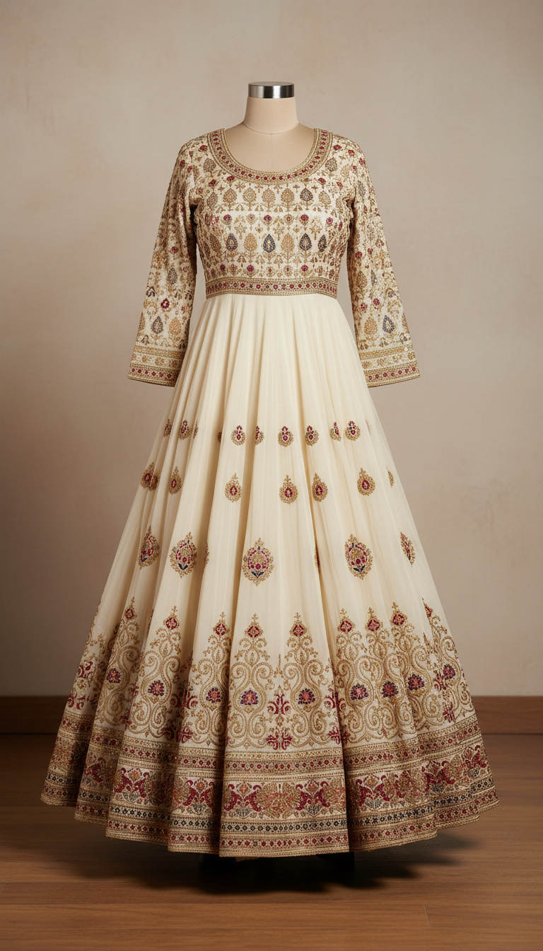 Ivory Cream Anarkali With Antique Gold Motifs
